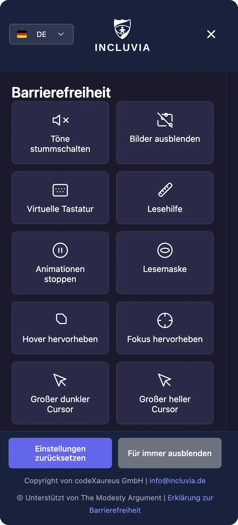 Incluvia-Widget mit Bedienhilfen: Töne stummschalten, Bilder ausblenden, virtuelle Tastatur, Lesehilfe, Lesemaske, Animationen stoppen und große Cursor