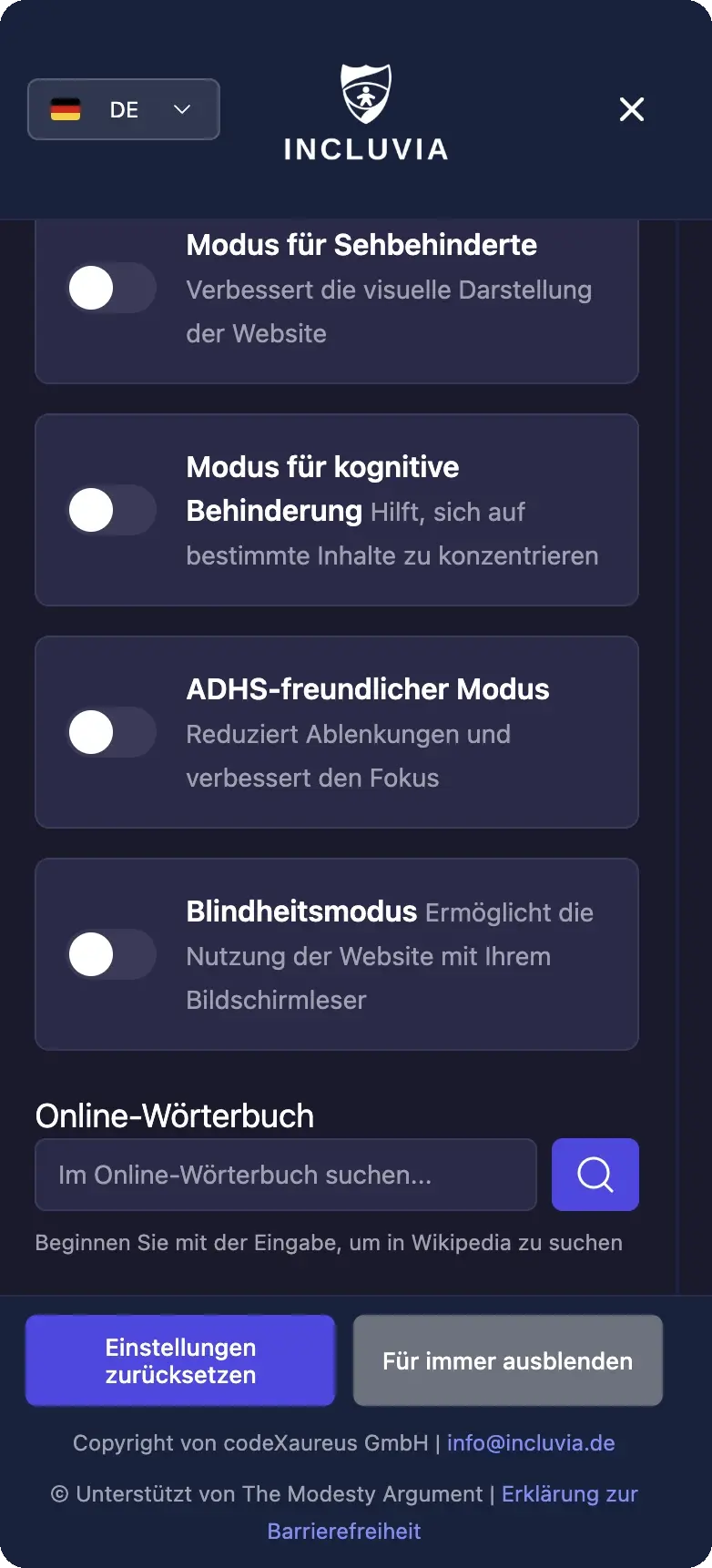 Incluvia-Widget mit Profilen für Sehbehinderung, kognitive Behinderung, ADHS und Blindheit sowie einem Online-Wörterbuch