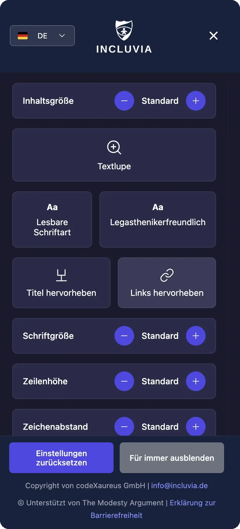 Incluvia-Widget mit Einstellungen für Inhaltsgröße, Schriftgröße, Zeilenhöhe und Zeichenabstand sowie lesbarer und legasthenikerfreundlicher Schriftart