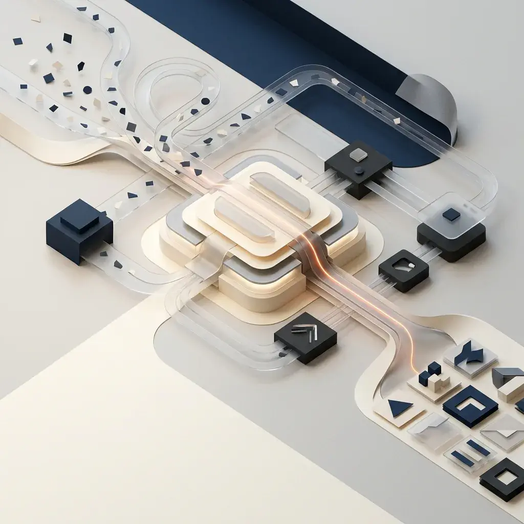 Technische Illustration eines automatisierten KI-Workflows mit verbundenen Prozessschritten
